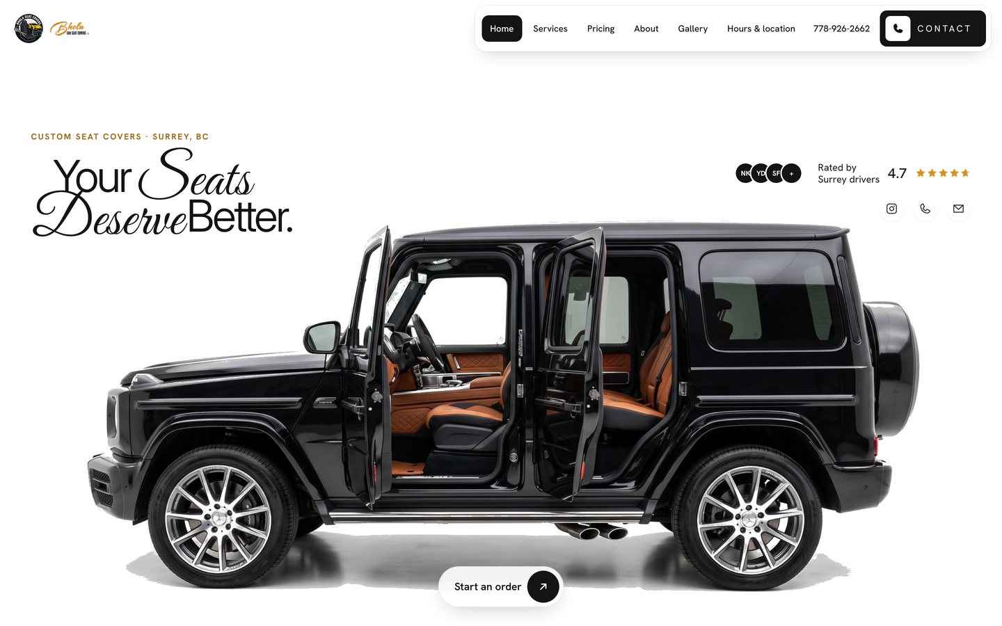 Bhola Seat Covers website, homepage on desktop