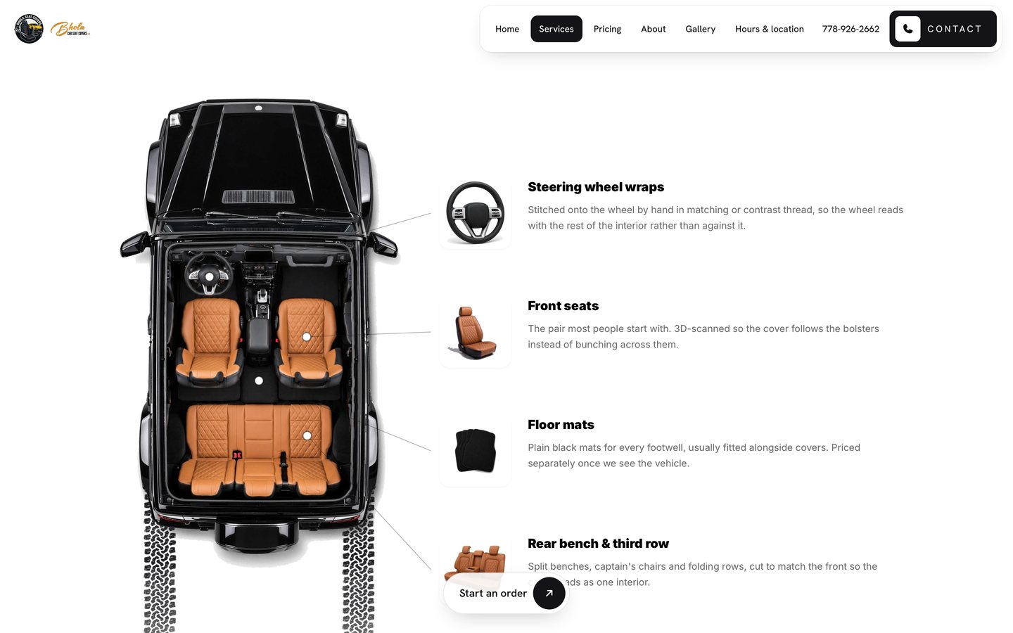 Bhola Seat Covers website, seat-by-seat coverage diagram on desktop