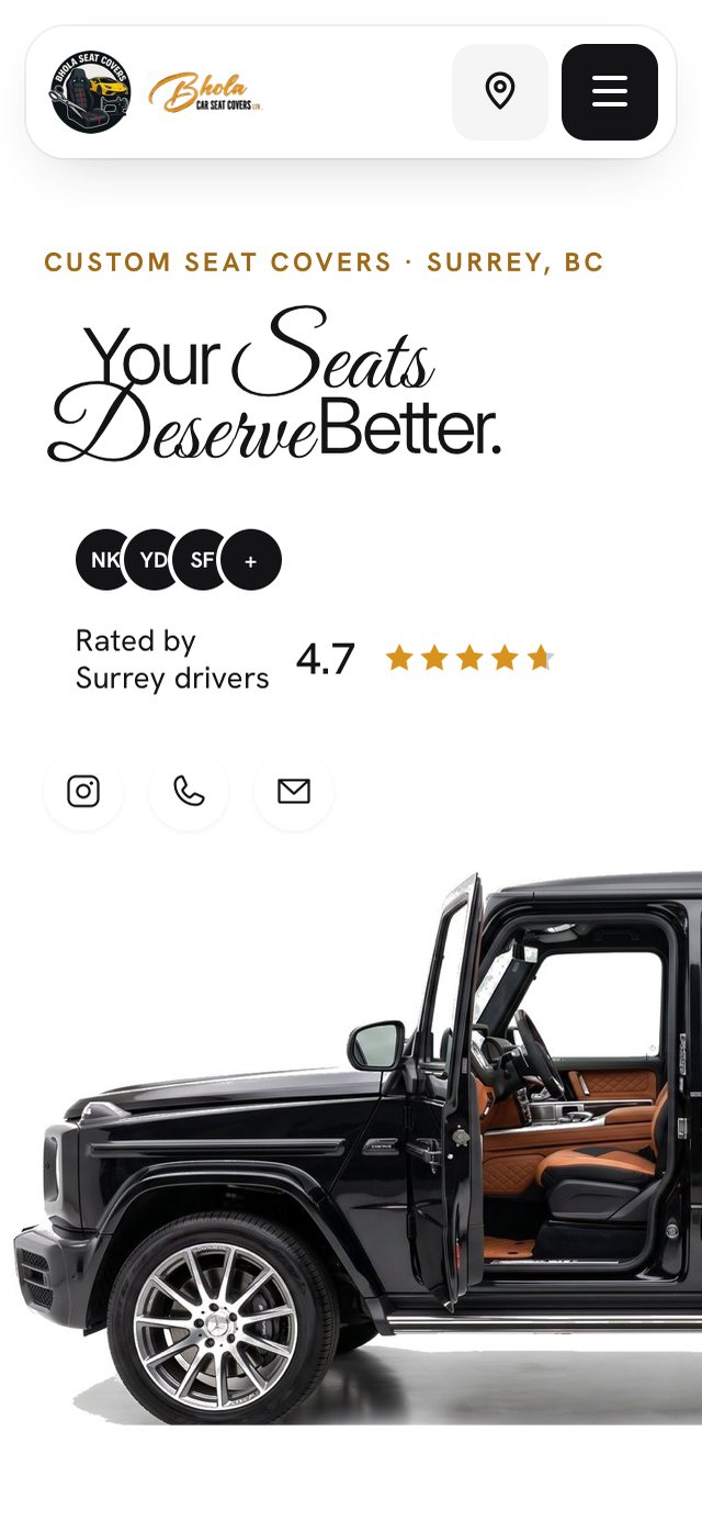 Bhola Seat Covers website, homepage on mobile