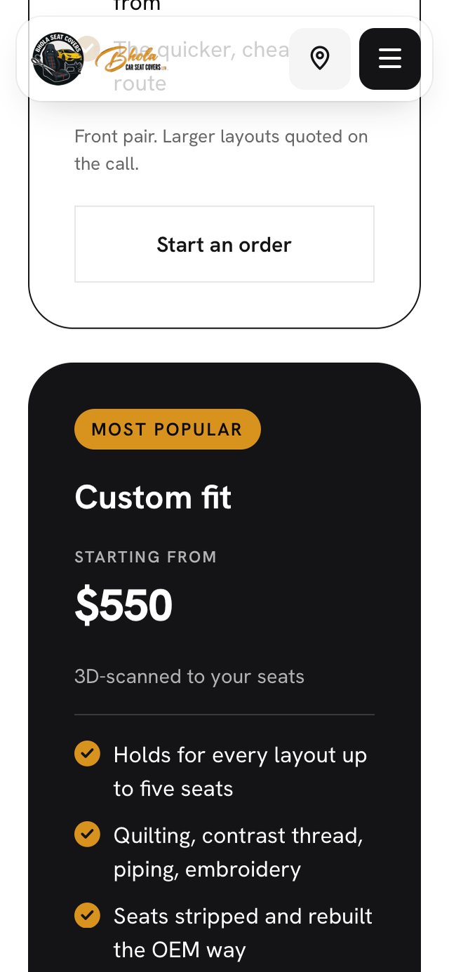 Bhola Seat Covers website, pricing on mobile