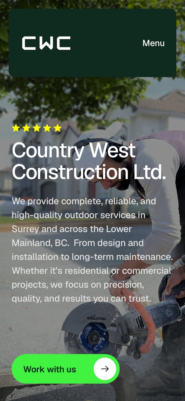 Country West Construction website, homepage on mobile