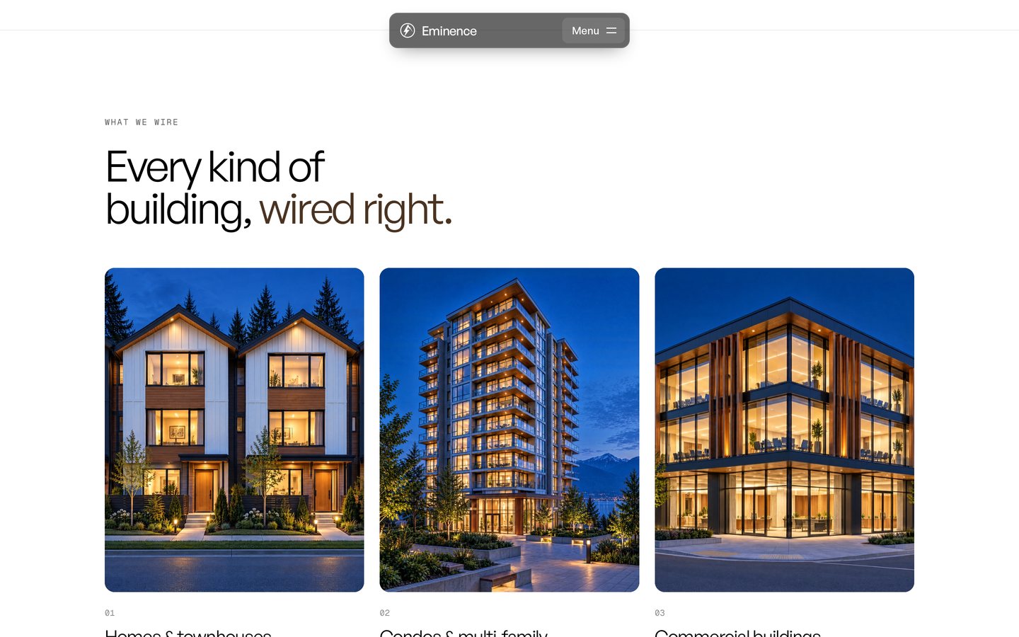 Eminence Electric website, building types they wire, on desktop