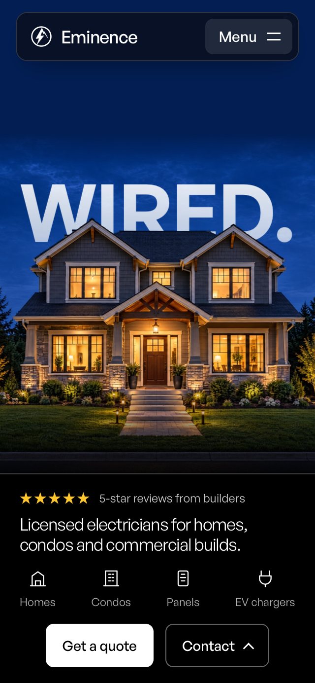 Eminence Electric website, homepage on mobile