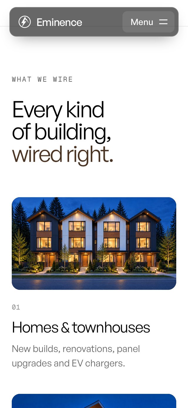 Eminence Electric website, homes and townhouses service on mobile